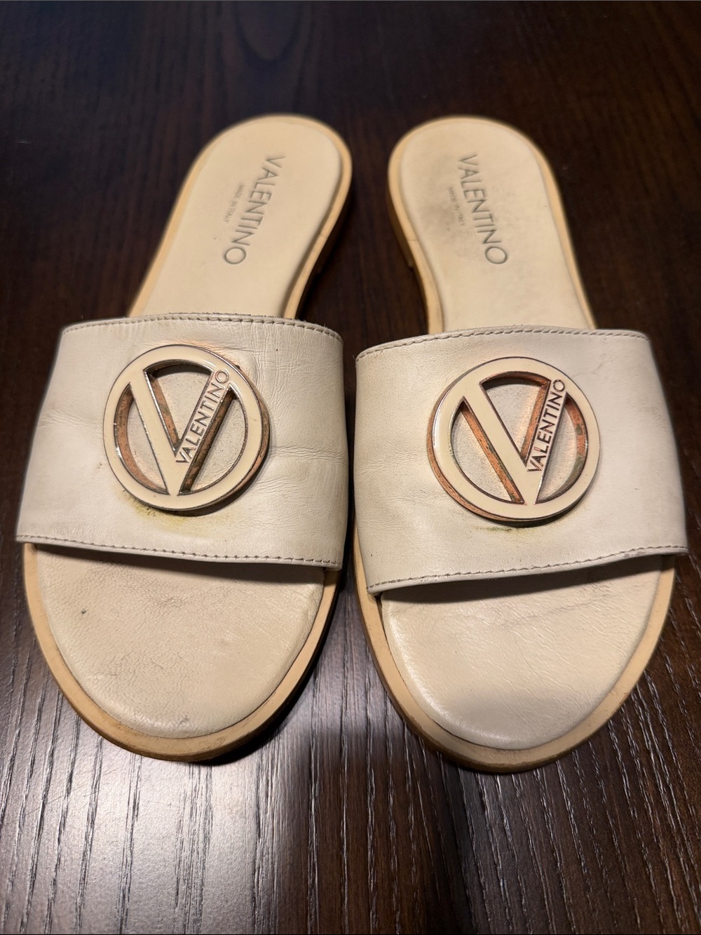 Valentino Cream Leather Slide Sandals with Rose Gold Logo